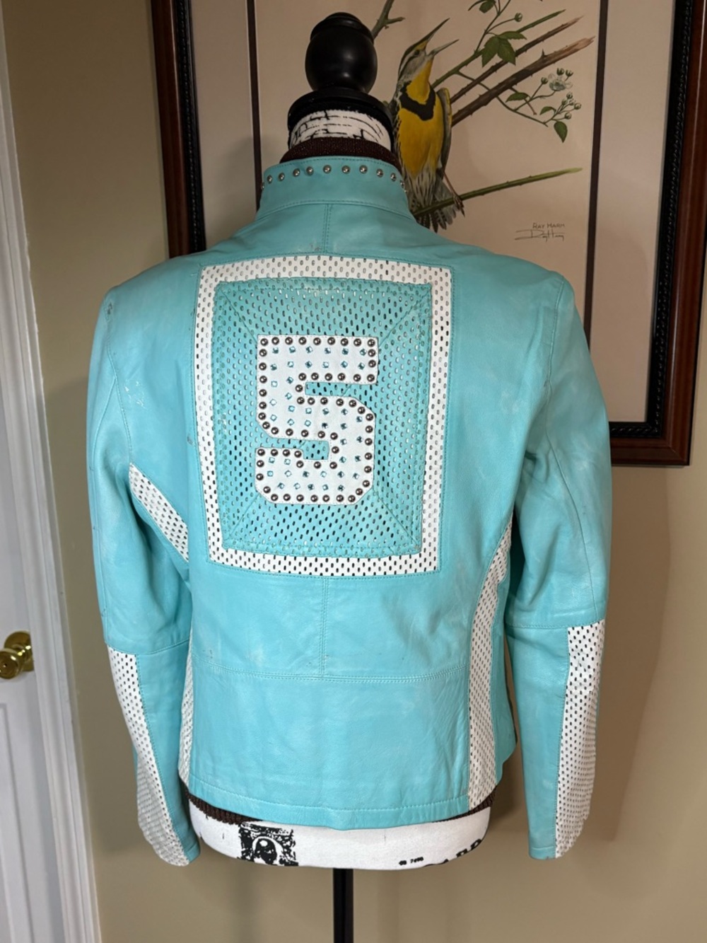 Vintage Turquoise Silver Leather Jacket Ladies Large L Racing Style Lined Bling
